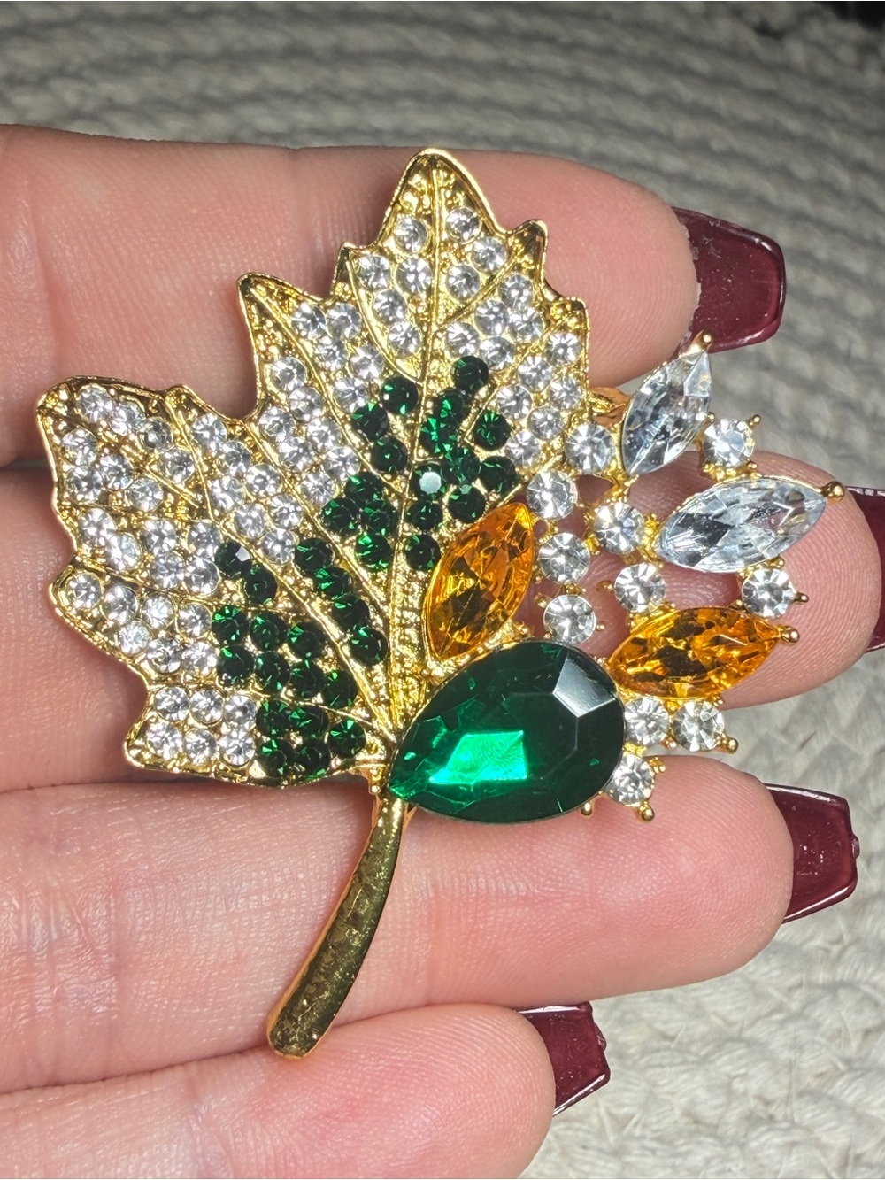 Maple Leaf Rhinestone Brooch Green Amber Crystal Gold Tone Fall Pin